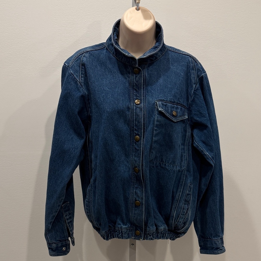Vintage 80s 90s Discovery Blue Denim Bomber Jacket Women Size S? Y2K Snaps